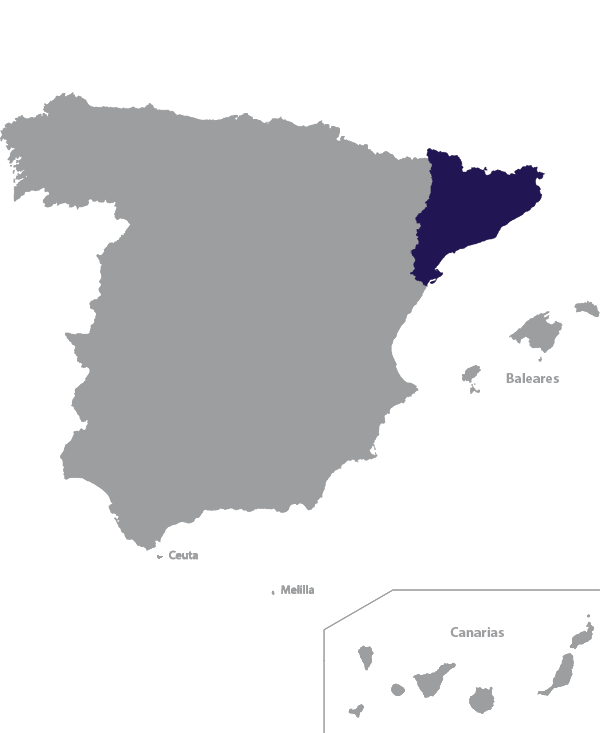 Landkaart Spanje grijs met regio Catalonië donkerblauw op transparante achtergrond - 600 * 733 pixels